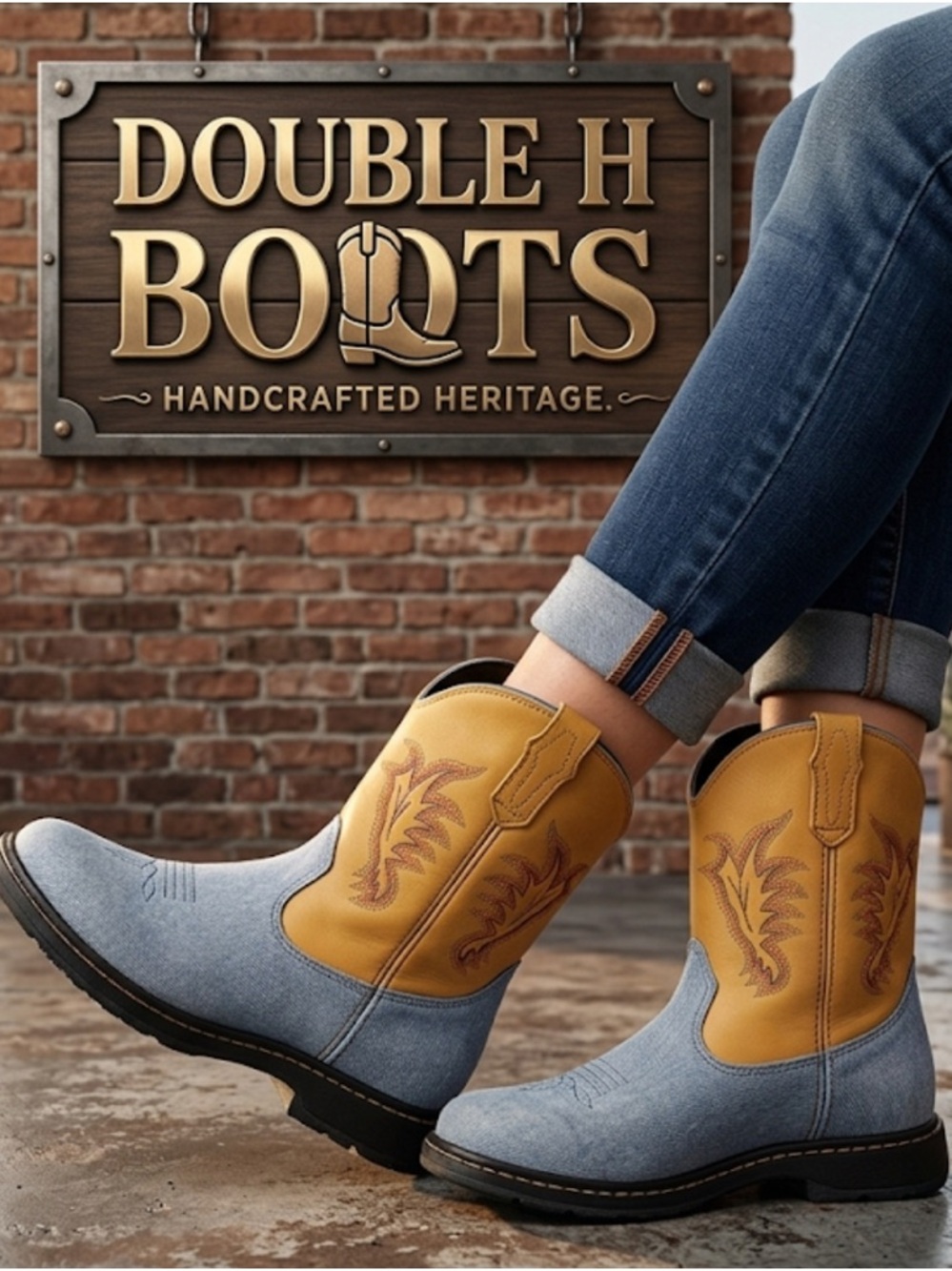 Authentic Double H denim & leather western boots sz 9